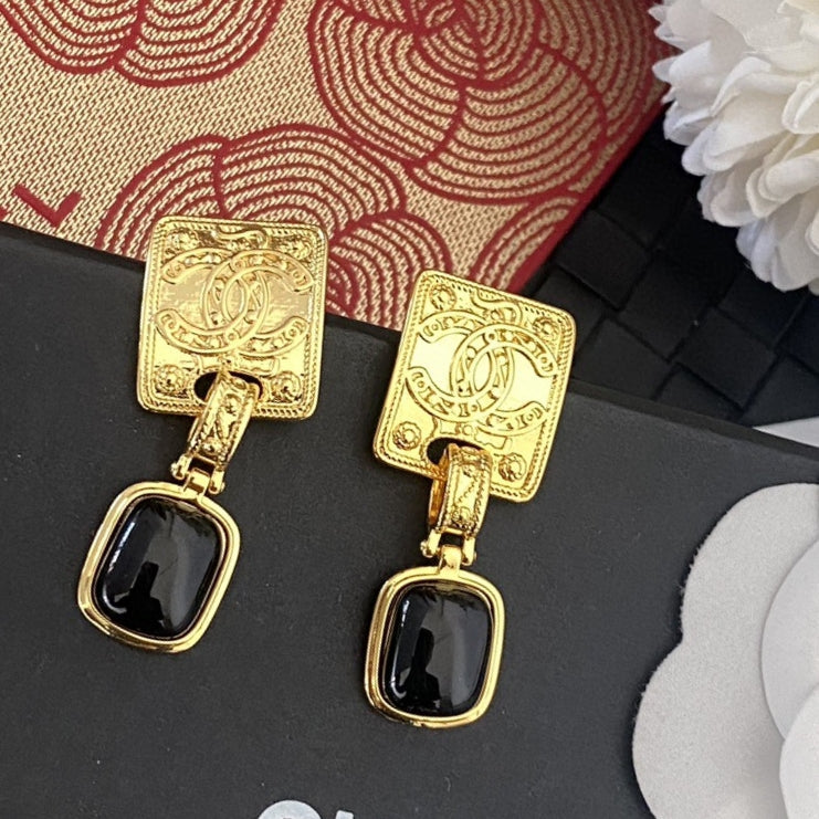 18K  Chanel Black Crystal Earrings
