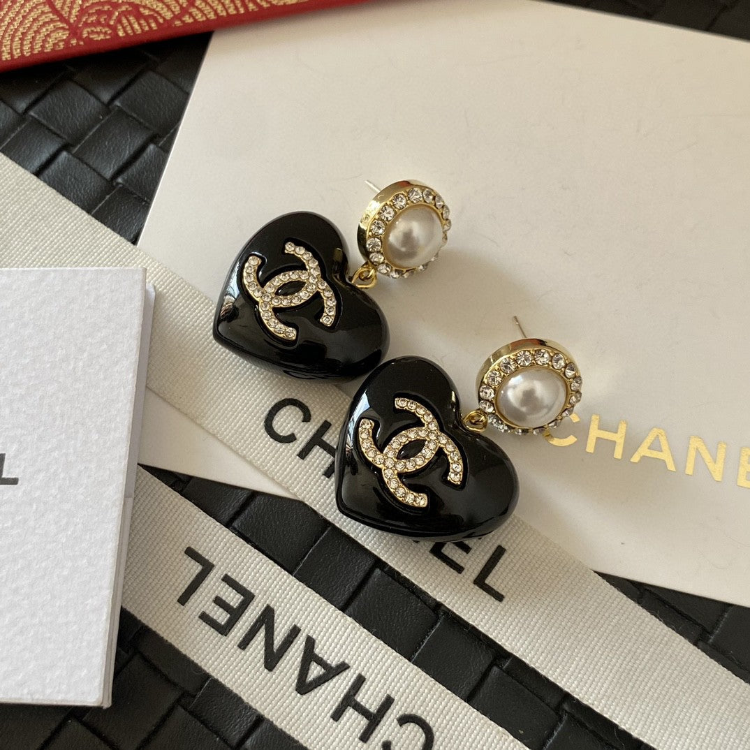 18K  Chanel Black Heart Earrings