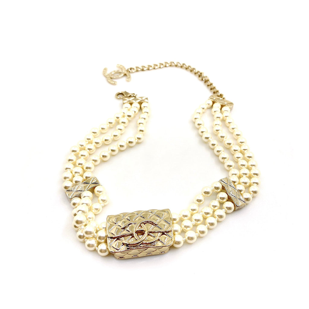 18K  Chanel Bag Pearls Chain Necklace