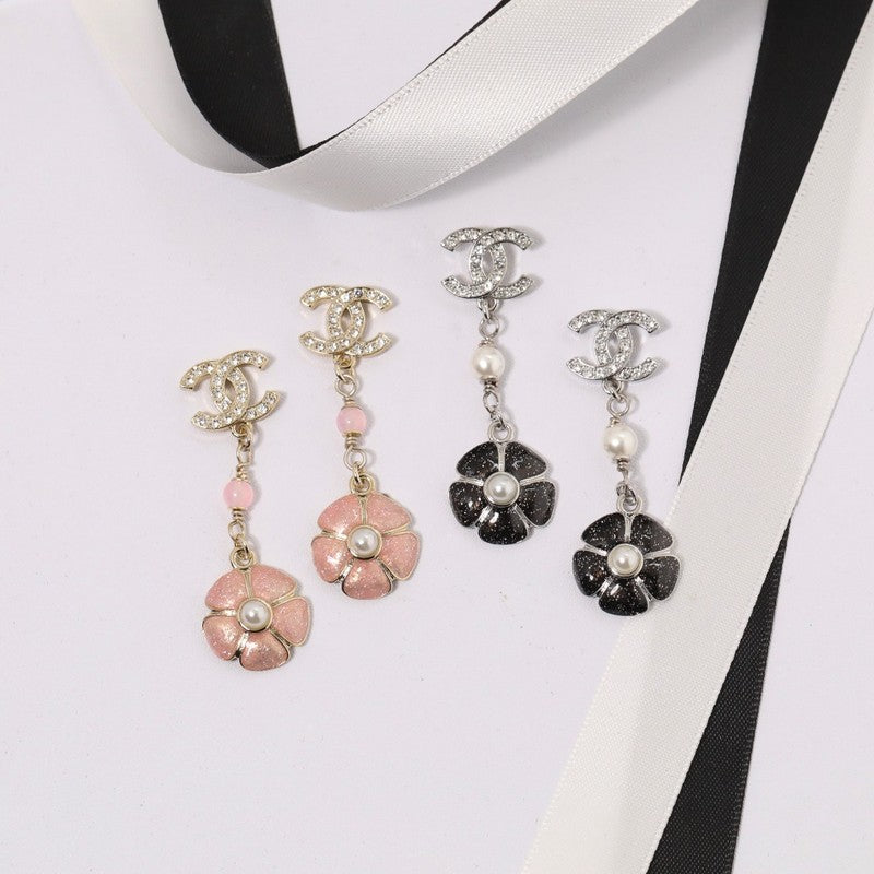 18K  Chanel Black & Pink Camellia Diamond Long Earrings