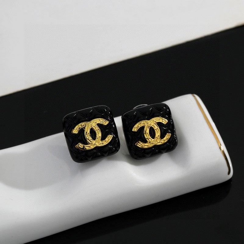 18K  Chanel Black Gold Square Earrings