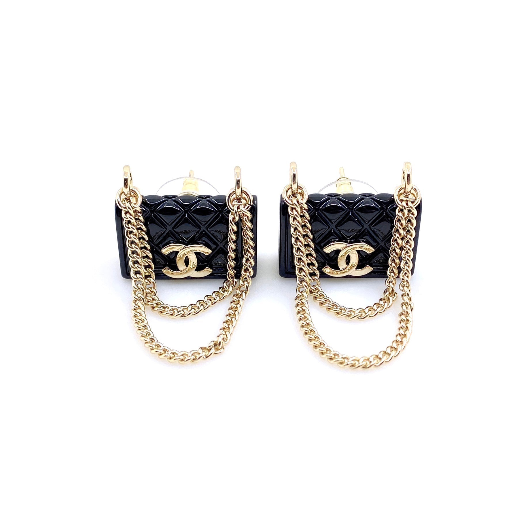 18K  Chanel Black Bag Pendant Earrings