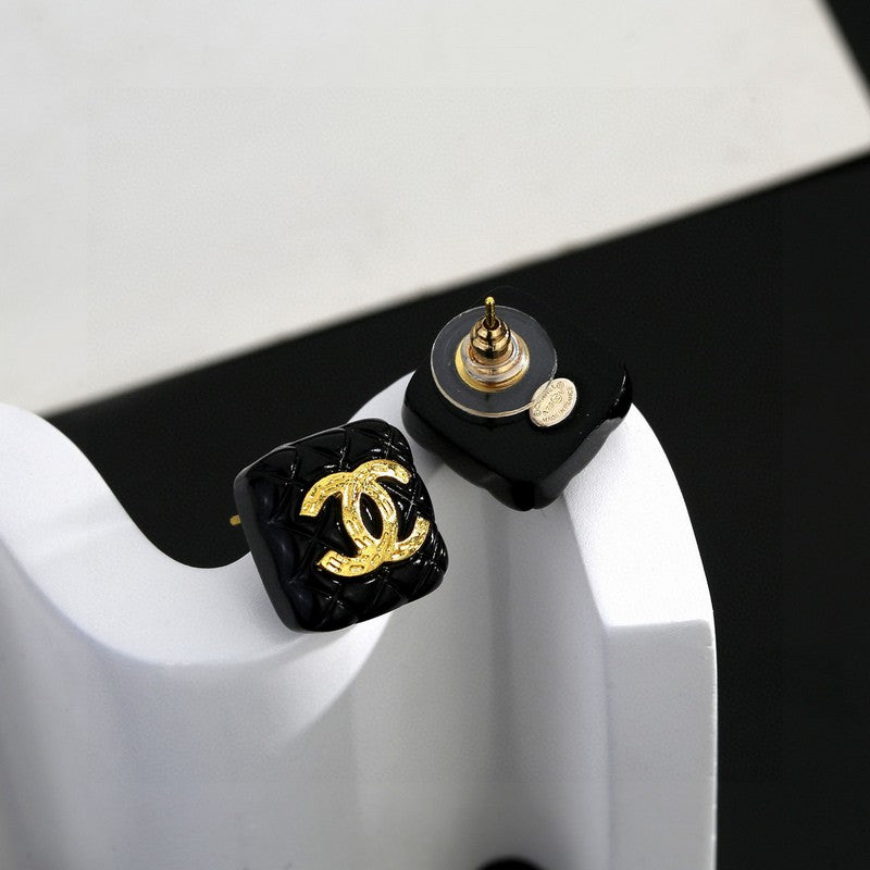 18K  Chanel Black Gold Square Earrings