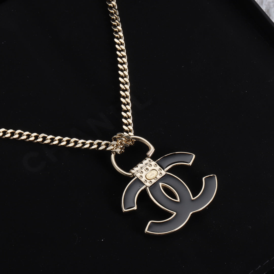 18K  Chanel Black Resin Logo Necklace