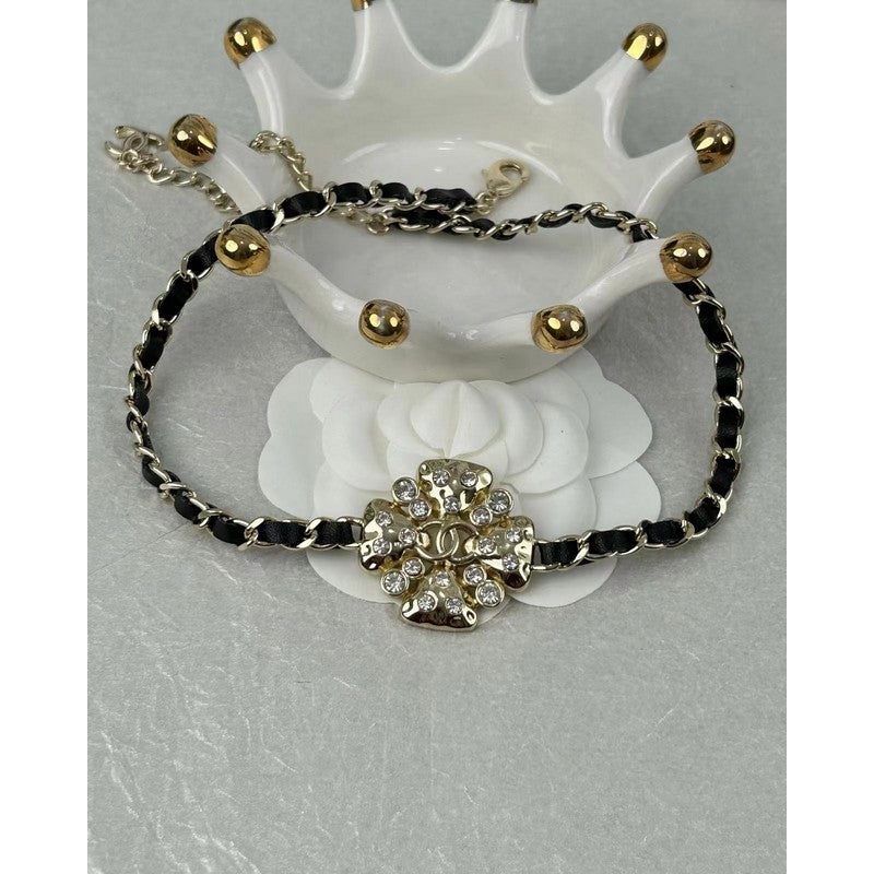 18K  Chanel Black Leather Flower Necklace
