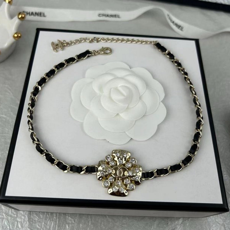18K  Chanel Black Leather Flower Necklace