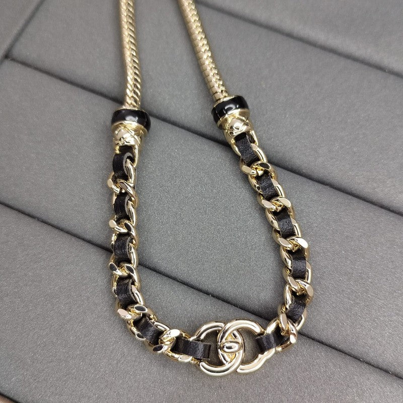 18K  Chanel Black Leather Gold Chain Necklace