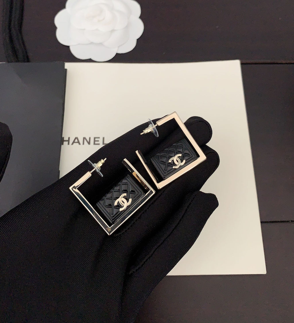 18K  Chanel Black Bag Pendant Earrings