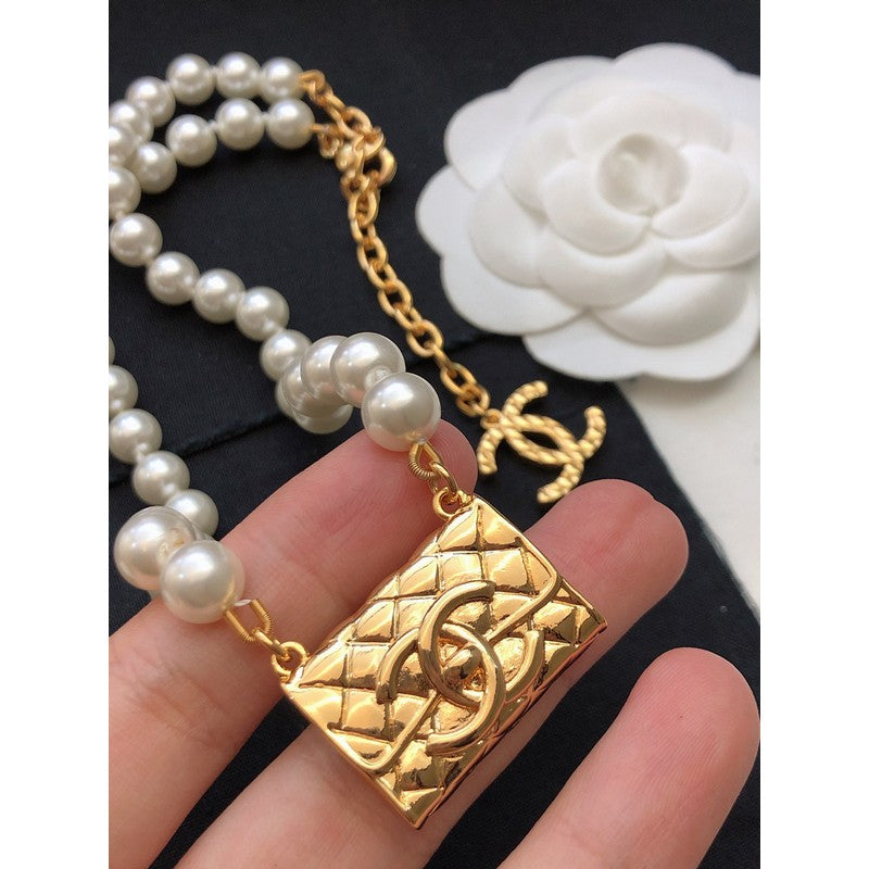 18K  Chanel Pearl Bag Pendant Necklace