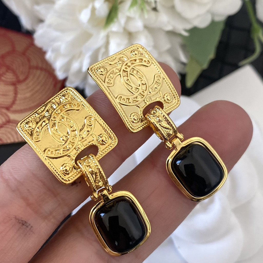 18K  Chanel Black Crystal Earrings