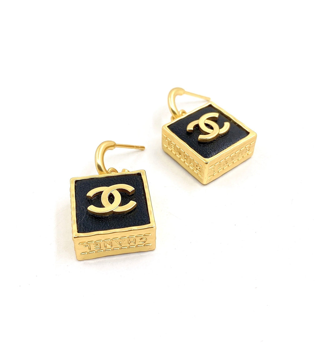 18K  Chanel Black Bag Pendant Earrings