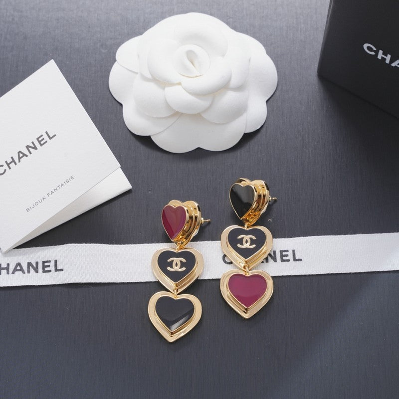 18K  Chanel Black & Red Heart Gold Long Earrings
