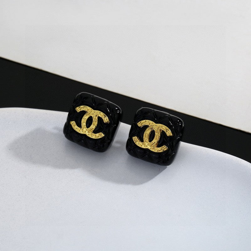 18K  Chanel Black Gold Square Earrings