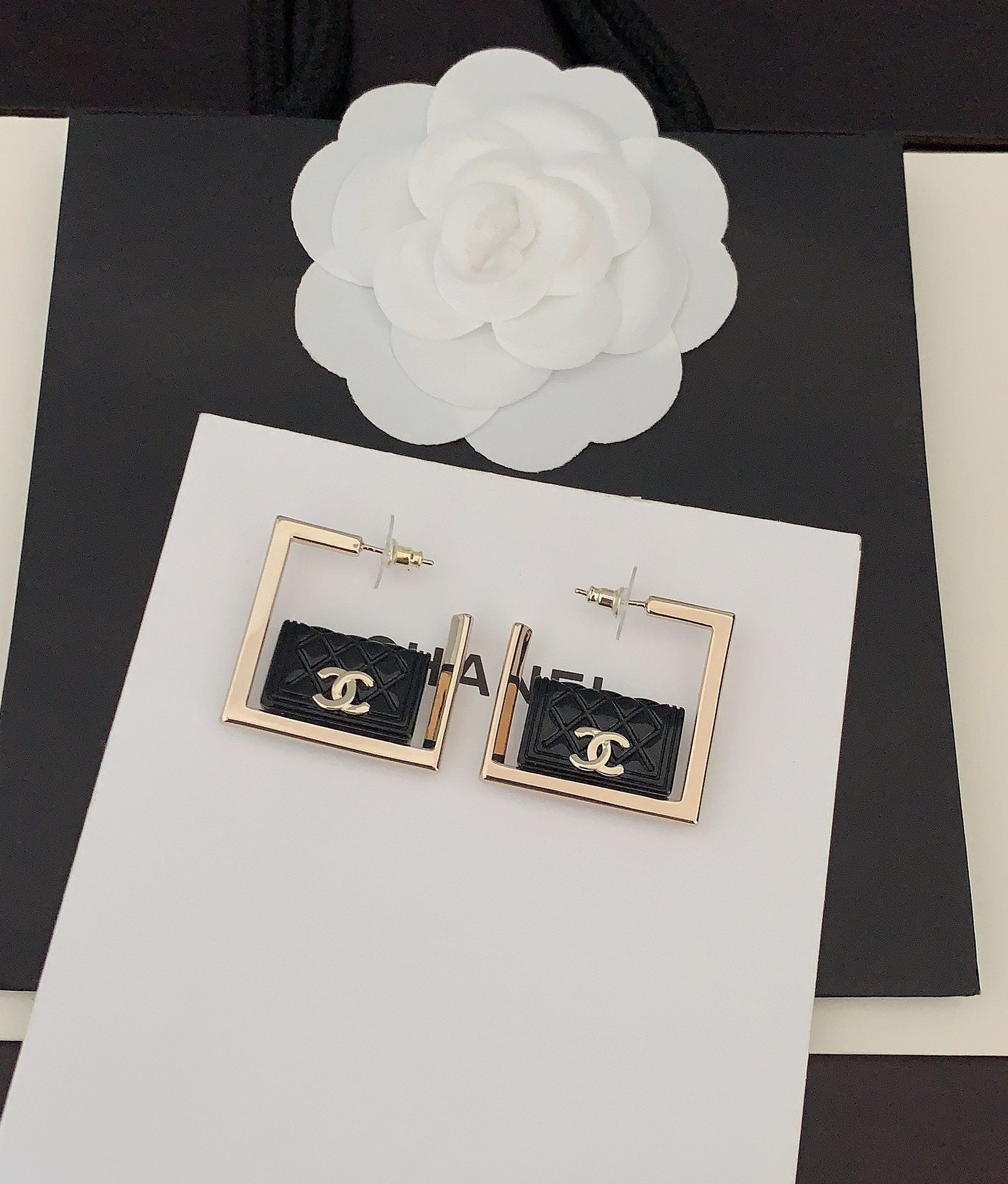 18K  Chanel Black Bag Pendant Earrings