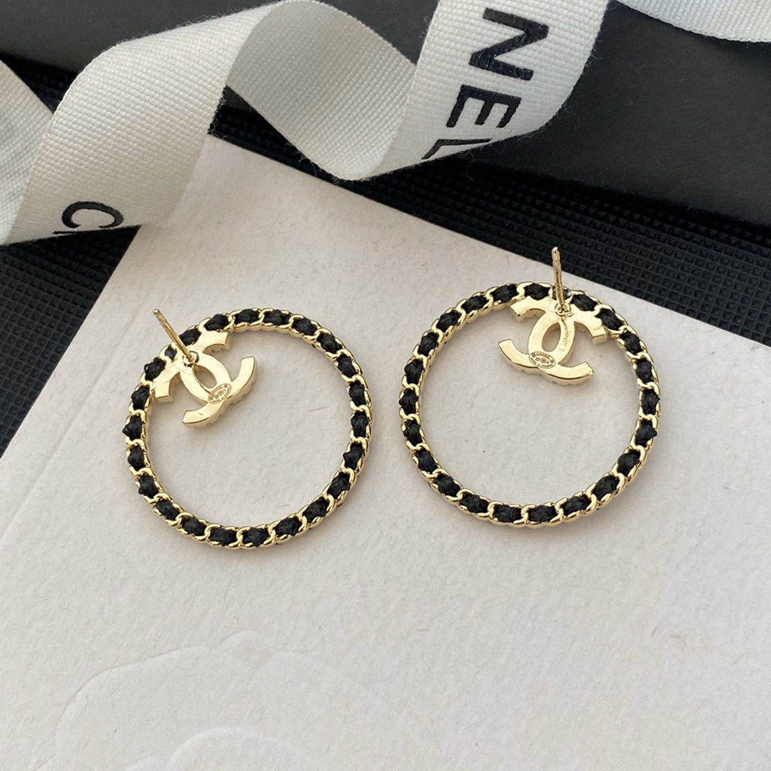 18K  Chanel Black Leather Circle Earrings