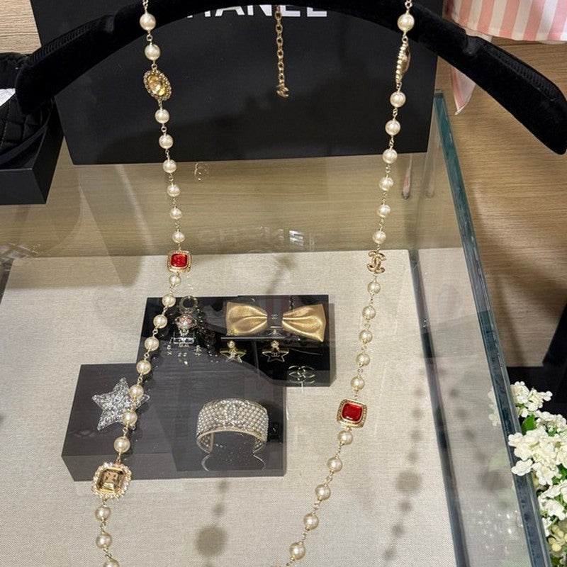 18K  Chanel Long Pearl Red Crystals Necklace
