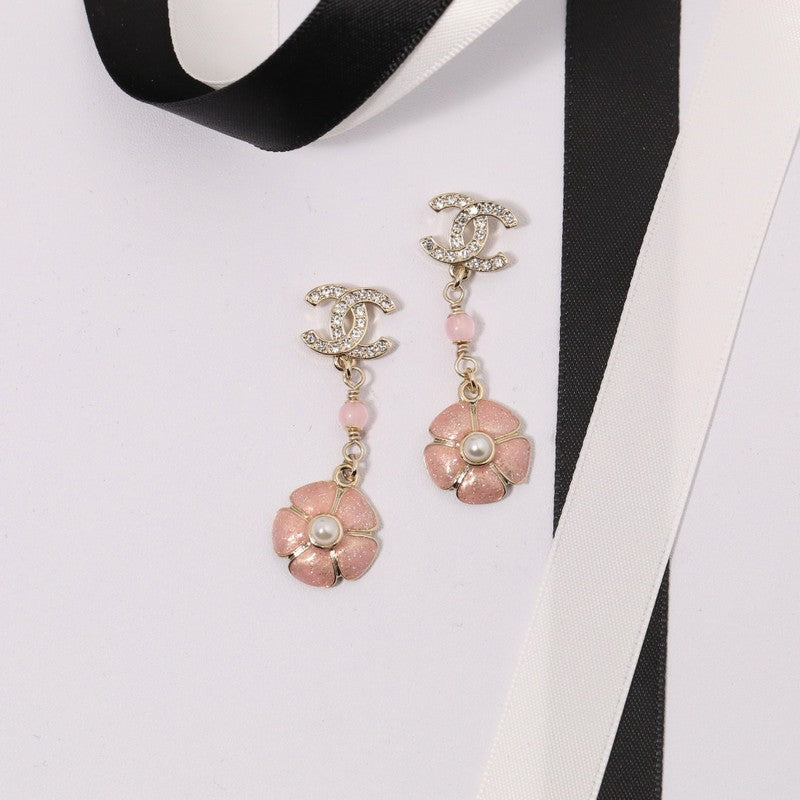 18K  Chanel Black & Pink Camellia Diamond Long Earrings