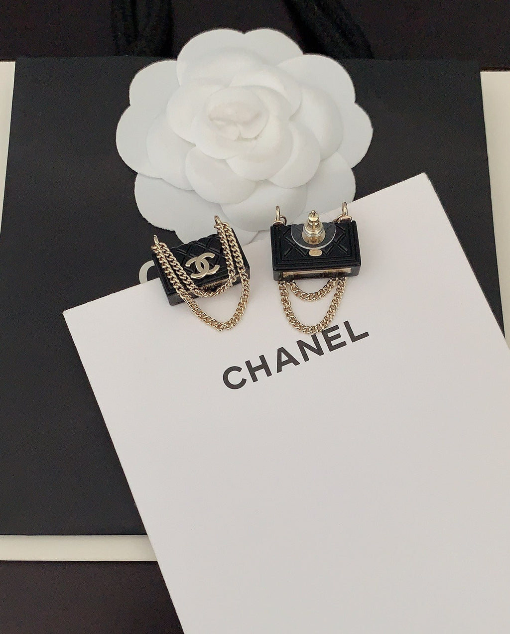 18K  Chanel Black Bag Pendant Earrings