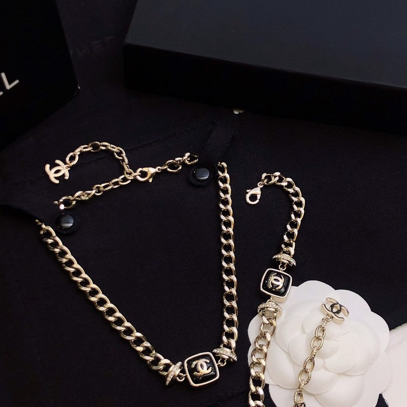 18K  Chanel Black Logo Gold Chain Necklace