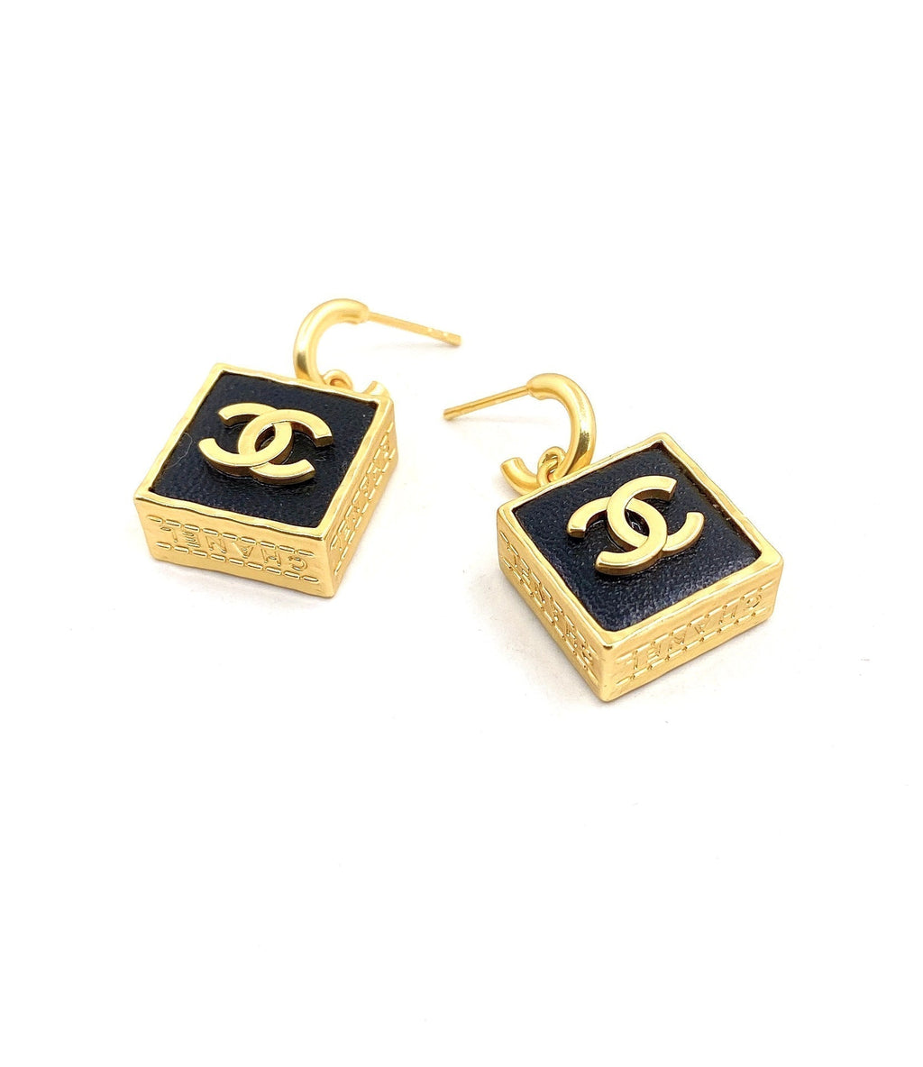 18K  Chanel Black Bag Pendant Earrings