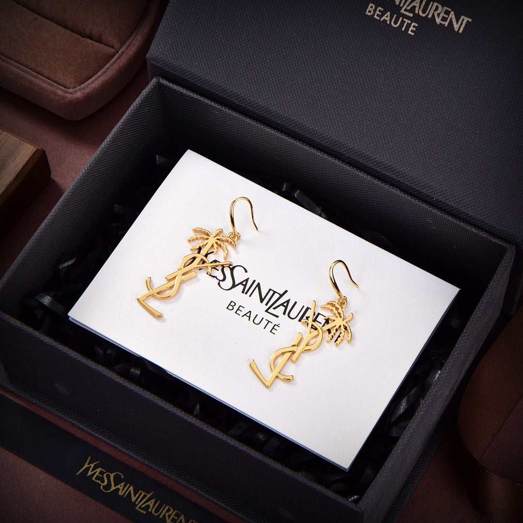 18K YSL Monogram Palmier Statement Earrings