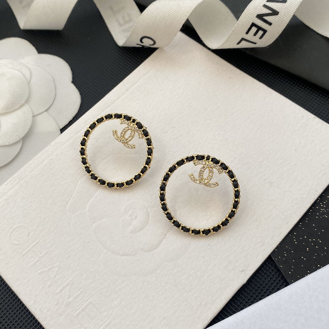 18K  Chanel Black Leather Circle Earrings