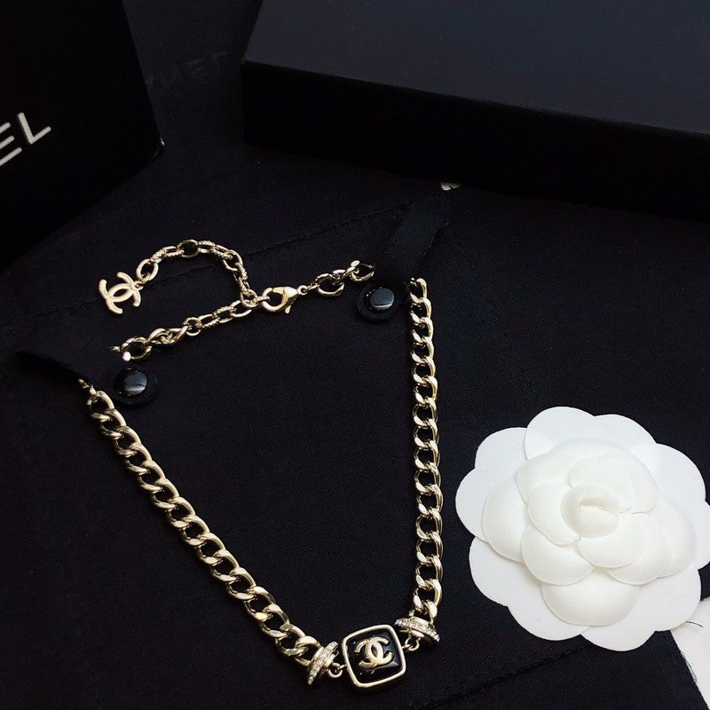 18K  Chanel Black Logo Gold Chain Necklace