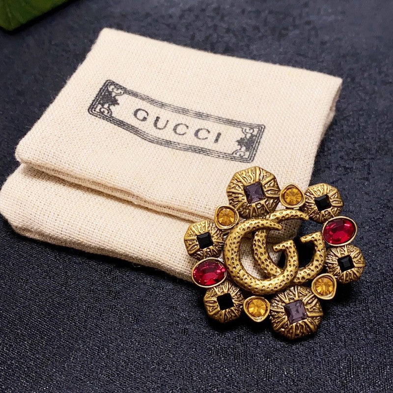 18K Double Gucci Flower Crystal Brooch