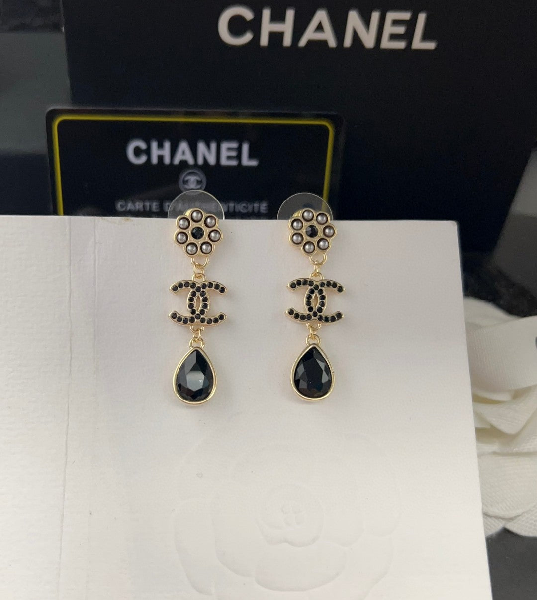 18K  Chanel Black Crystals Earrings