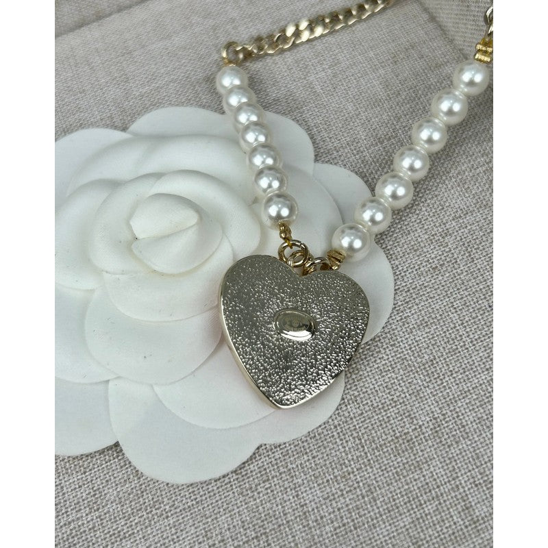 18K  Chanel Pink & Black Heart Pearl Necklace